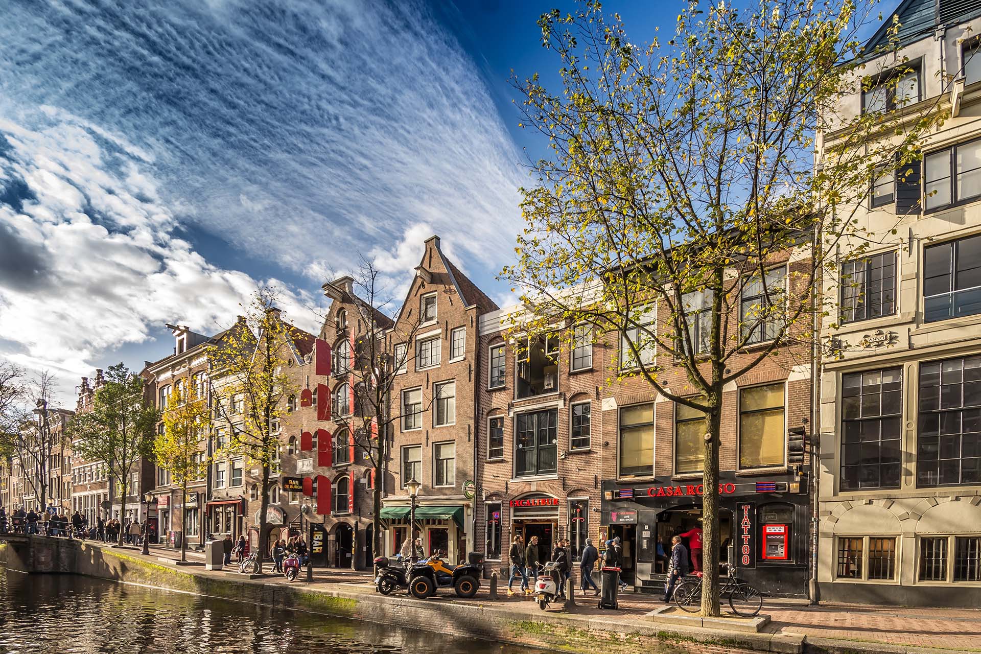 Ansicht eines Kanals in einer europäischen Stadt mit historischen Häusern, Geschäften und Fußgängern – symbolisch für Immobilien als realem Wert in der Vermögensverwaltung von Azemos.